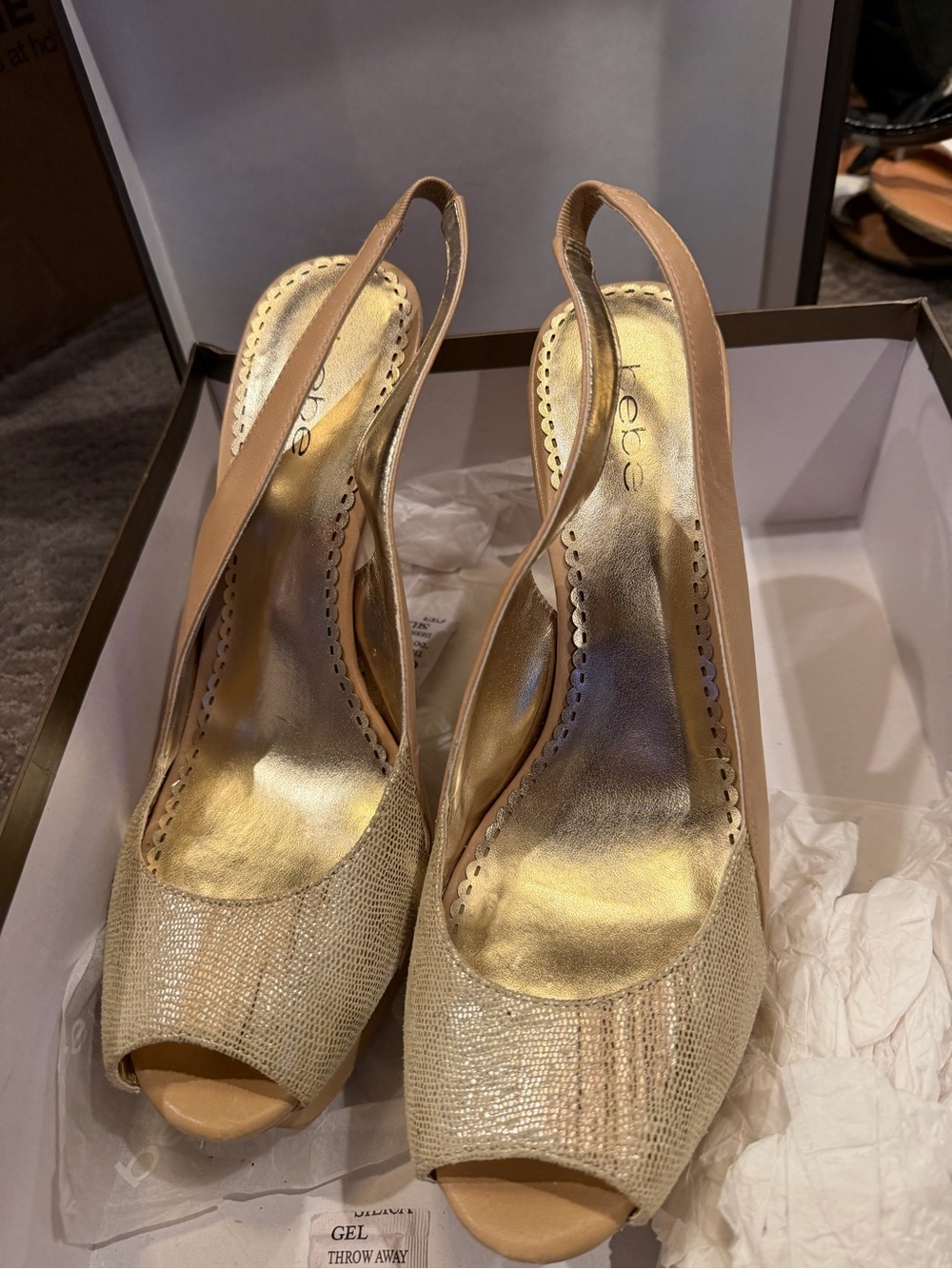 bebe Gold Textured Peep-Toe Slingback Heels